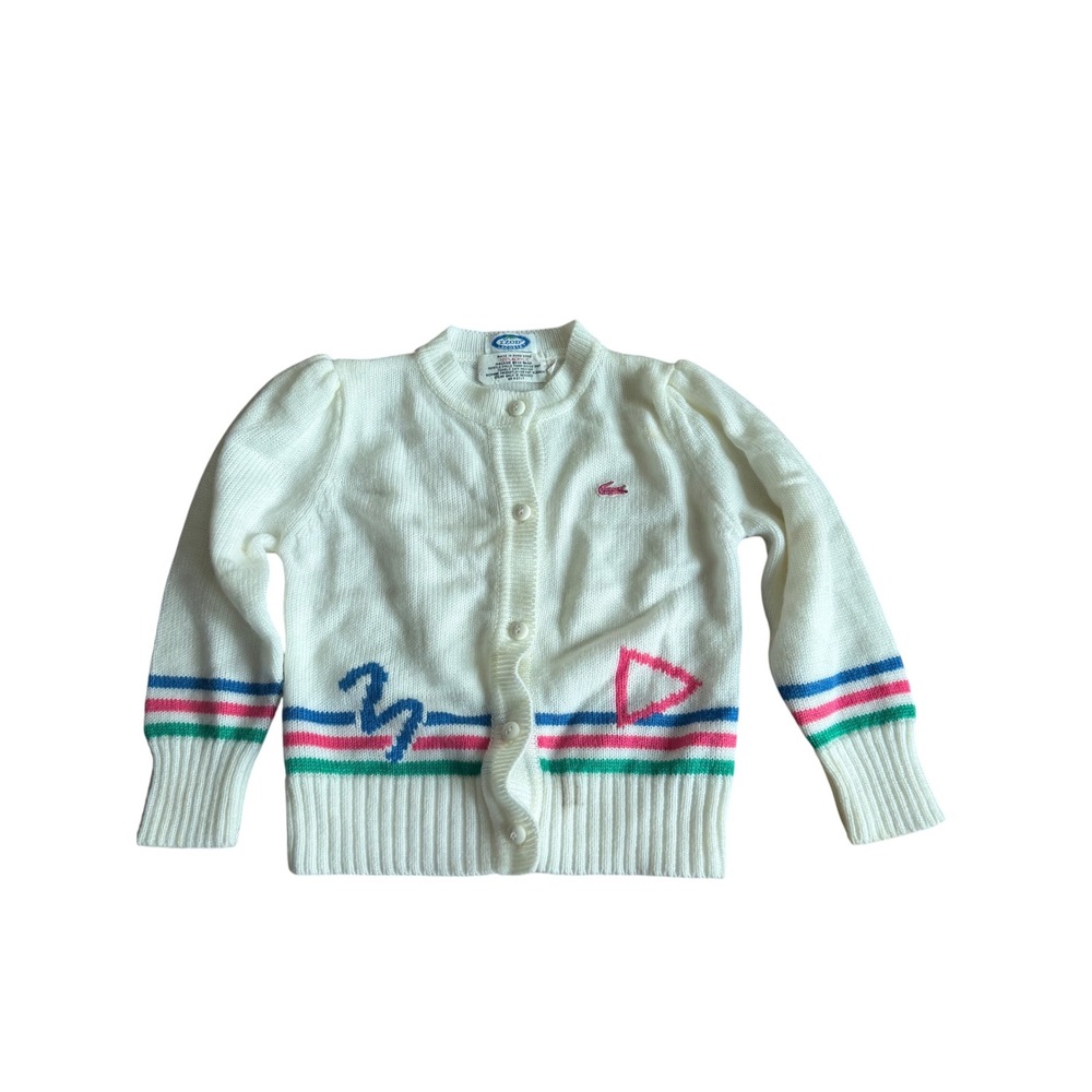 Vintage‎ Izod Lacoste Girls White Cardigan Sweater 80s Pink Crocodile Logo 4T